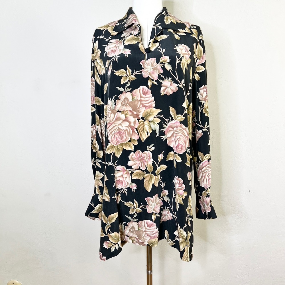 Dana Buchman 100% Silk Floral Tunic Size 6 Black Pink Long Sleeve Collar Vintage - Picture 1 of 10